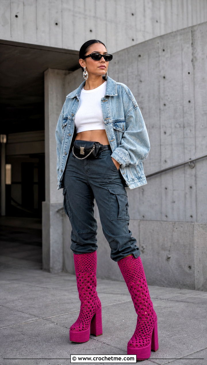 Platform Crochet Knee High Boots With Cargo Pants - 15 Crochet Knee High Boots outfit ideas