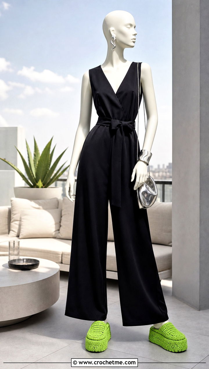 Platform Crochet Slip Ons With Wide Leg Jumpsuit - 15 crochet slip-on shoes on mannequin outfit ideas