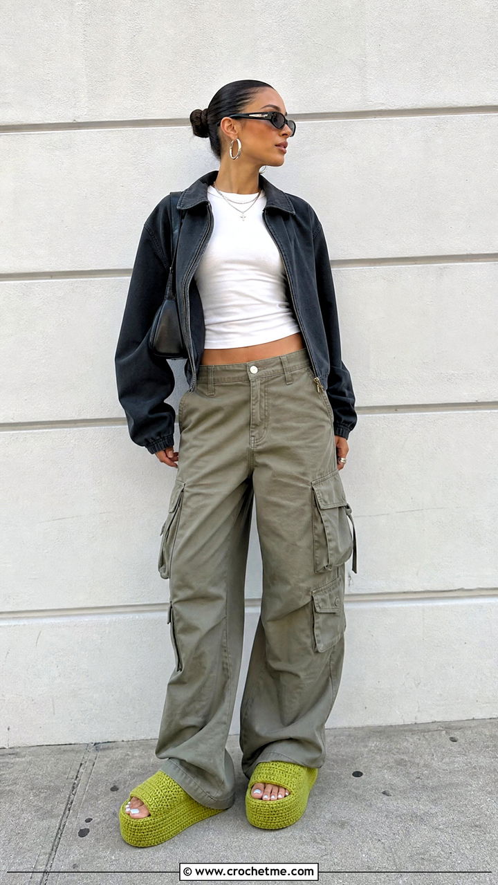 Platform Crochet Slippers With Cargo Pants - 35 crochet slipper outfit ideas