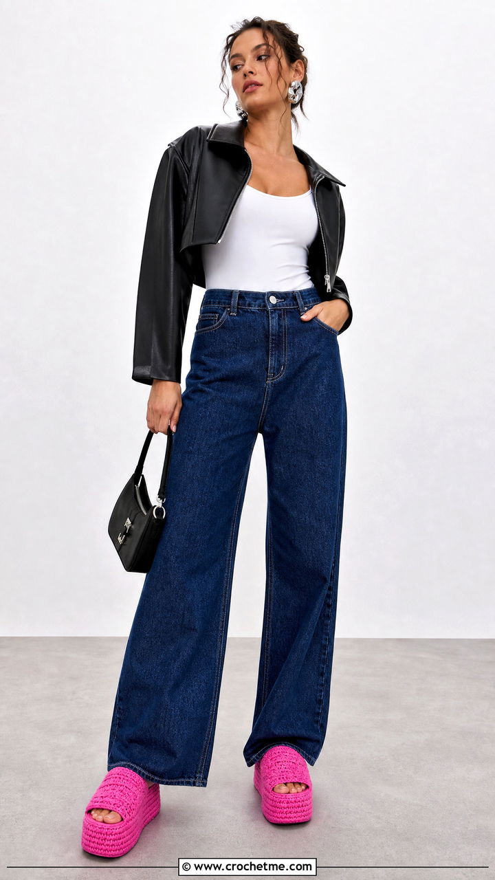 Platform Crochet Slippers With Wide Leg Jeans - 35 crochet slippers outfit ideas