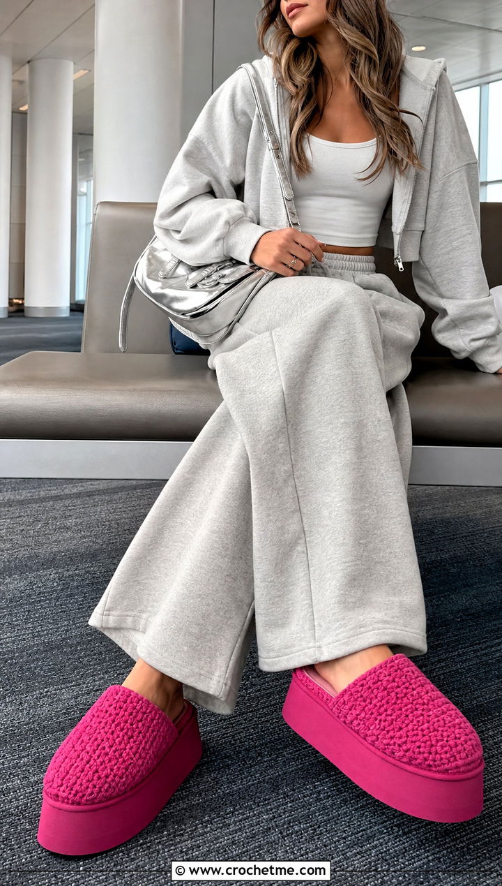 Platform Crochet Slippers With Wide Leg Sweatpants - 25 Cute Crochet Slippers outfit ideas