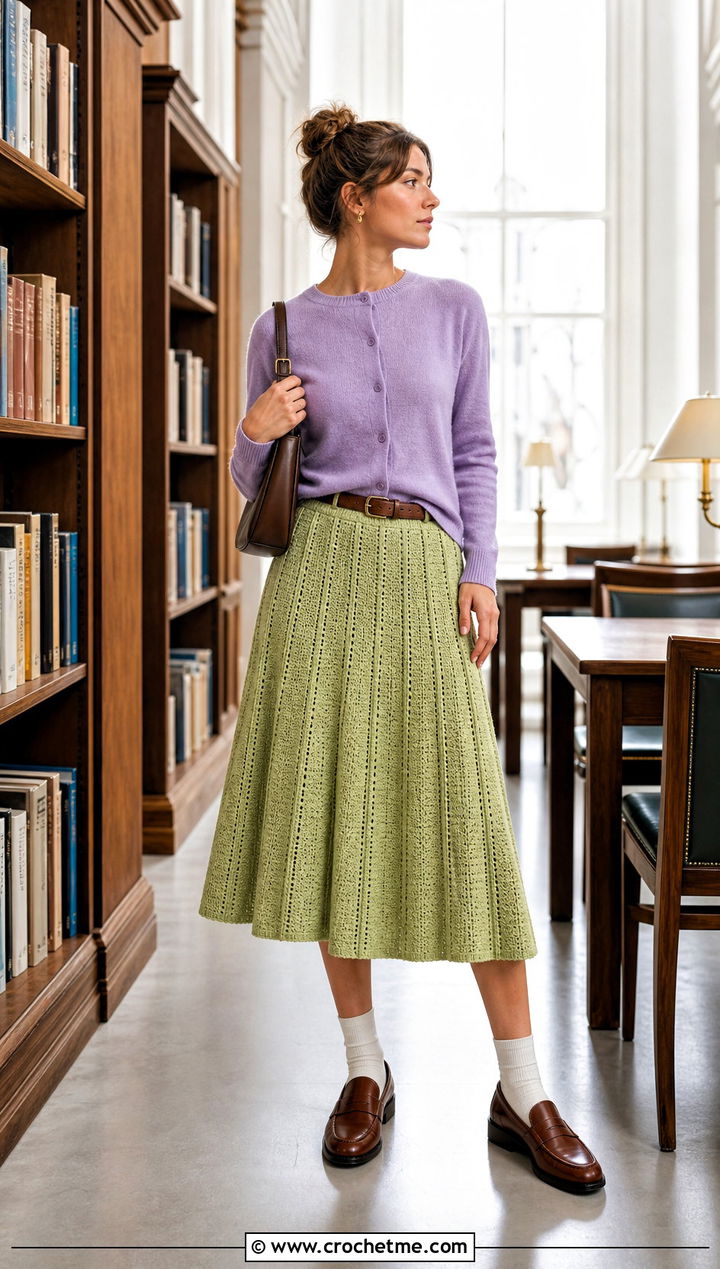 Pleated Crochet A Line Skirt With Cardigan And Loafers - 25 Crochet A Line Skirt outfit ideas