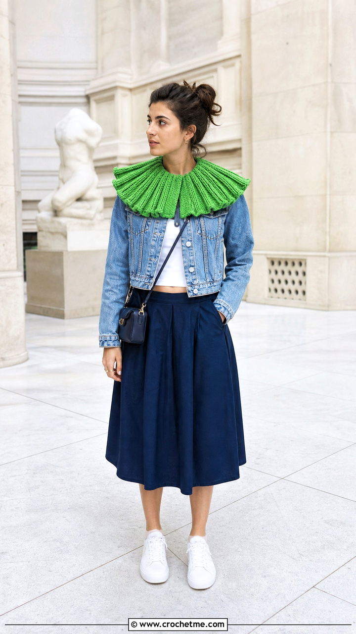 Pleated Crochet Clown Collar With Denim Jacket - 35 crochet clown collar outfit ideas