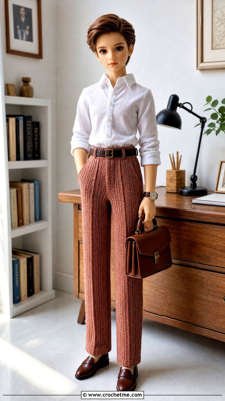 Pleated Crochet Doll Pants With Button Down Shirt - 35 crochet doll pants outfit ideas