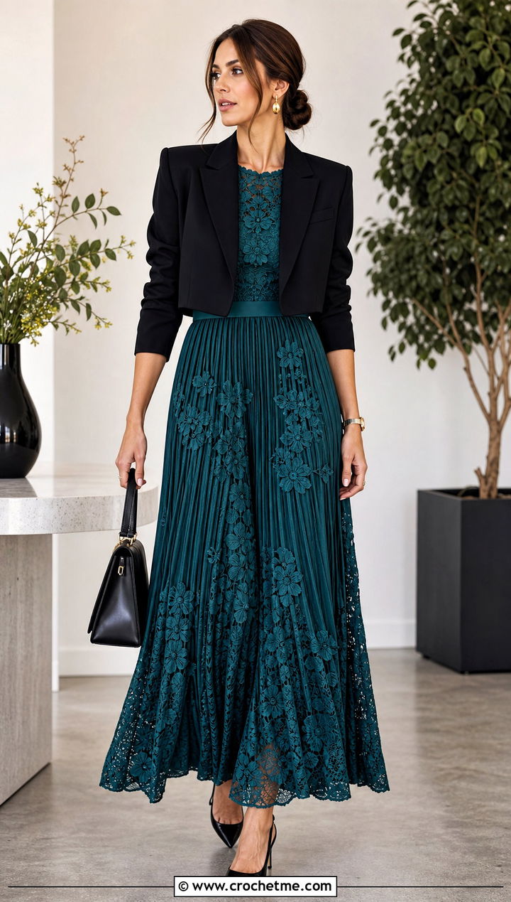 Pleated Crochet Floral Maxi Dress With Black Blazer And Slingbacks - 15 Self Portrait Pleated Crochet Floral Maxi Dress outfit ideas