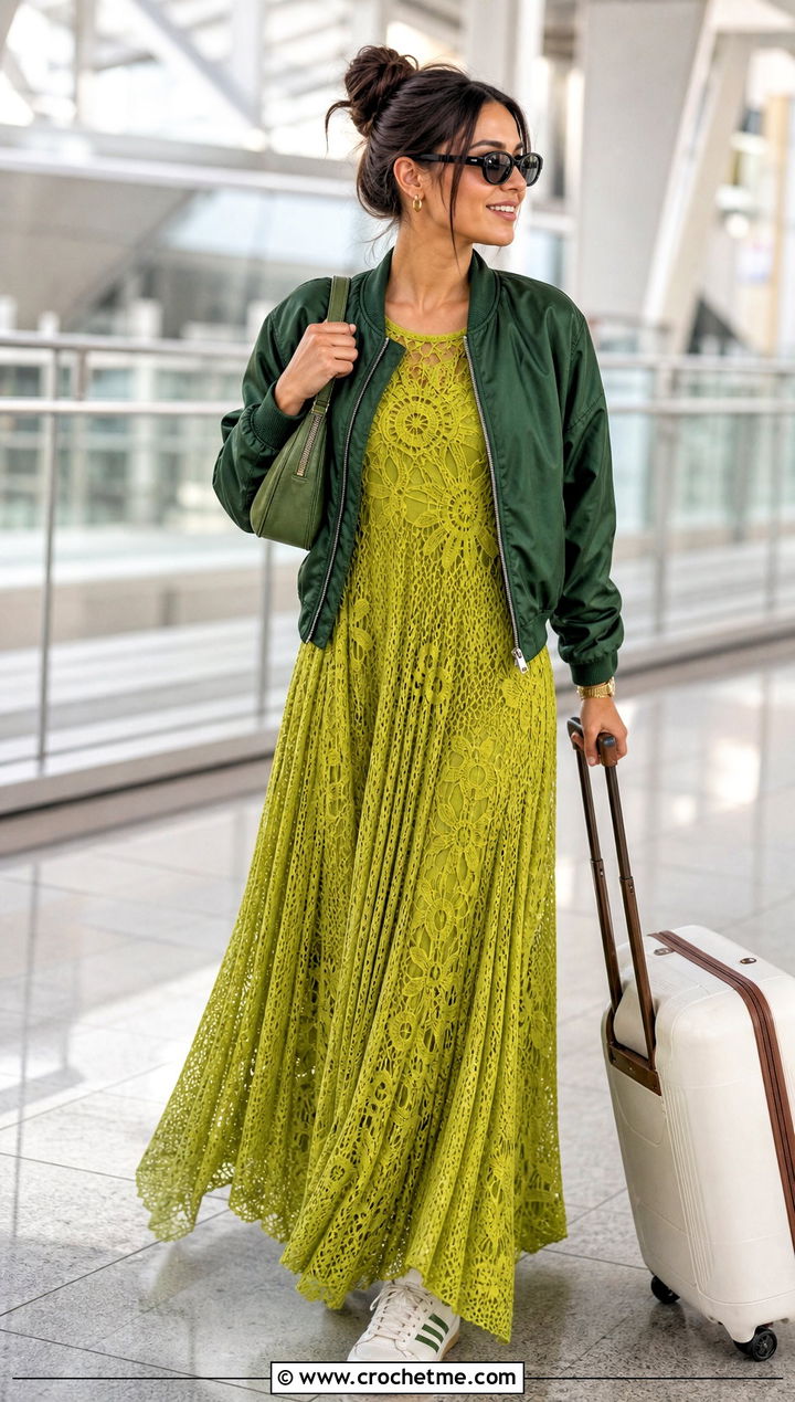 Pleated Crochet Floral Maxi Dress With Bomber Jacket And Sneakers - 15 Self Portrait Pleated Crochet Floral Maxi Dress outfit ideas
