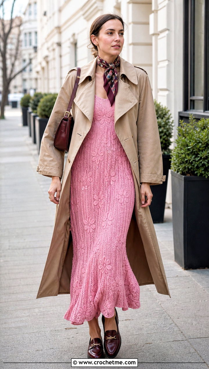 Pleated Crochet Floral Maxi Dress With Camel Trench And Loafers - 15 Self Portrait Pleated Crochet Floral Maxi Dress outfit ideas