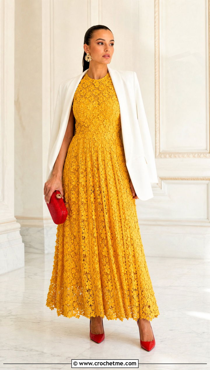 Pleated Crochet Floral Maxi Dress With Cape Blazer And Pointed Pumps - 15 Self Portrait Pleated Crochet Floral Maxi Dress outfit ideas