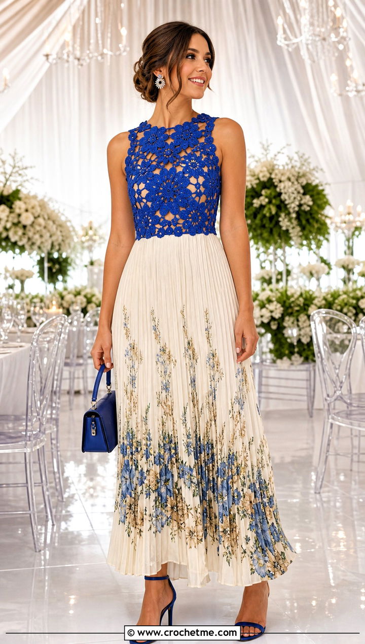 Pleated Crochet Floral Maxi Dress With Cobalt Satin Heels - 15 Self Portrait Pleated Crochet Floral Maxi Dress outfit ideas