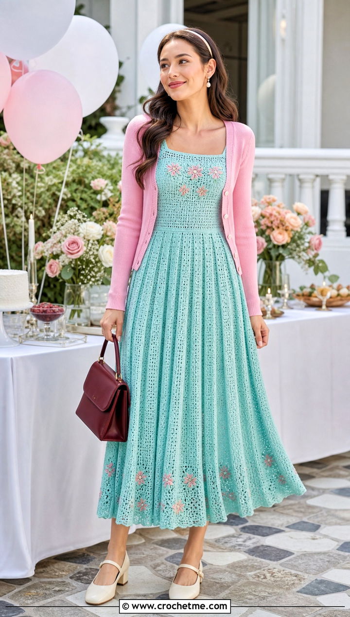 Pleated Crochet Floral Maxi Dress With Colorful Cardigan And Mary Janes - 15 Self Portrait Pleated Crochet Floral Maxi Dress outfit ideas