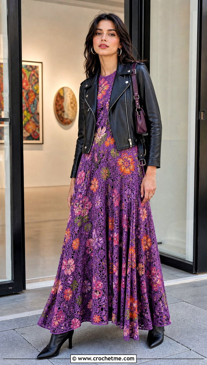Pleated Crochet Floral Maxi Dress With Leather Jacket And Ankle Boots - 15 Self Portrait Pleated Crochet Floral Maxi Dress outfit ideas