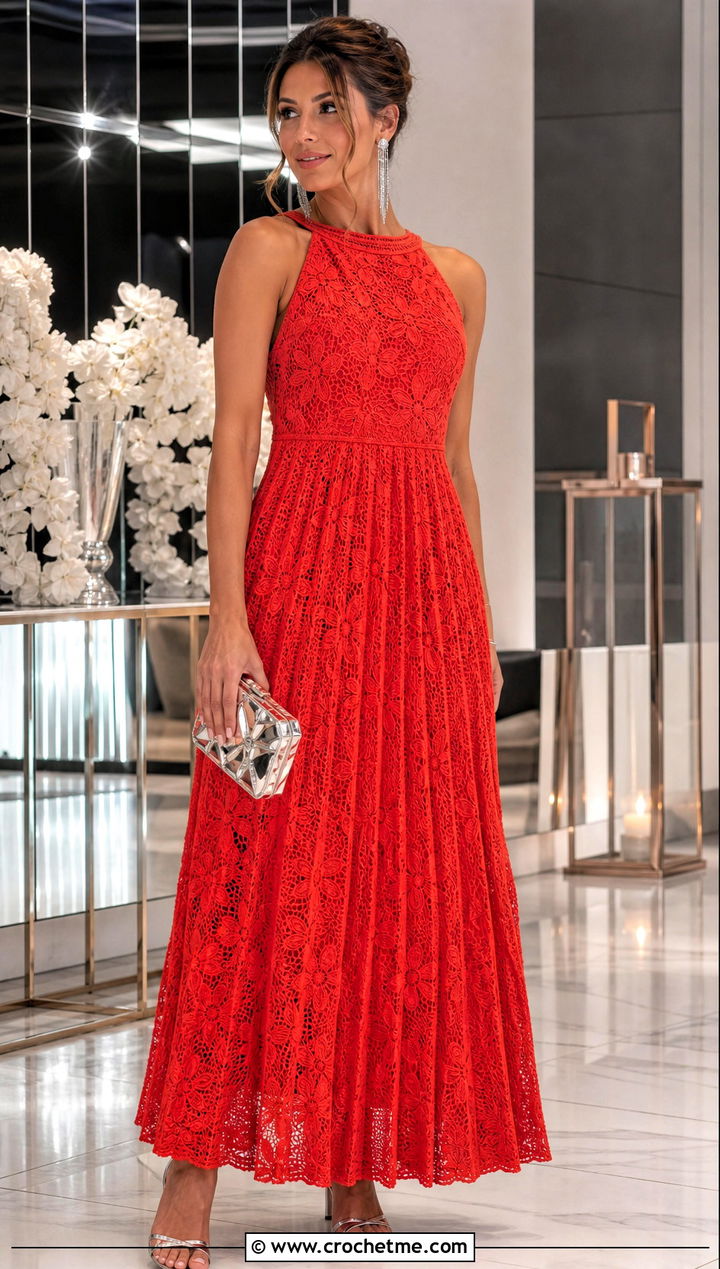 Pleated Crochet Floral Maxi Dress With Metallic Sandals And Clutch - 15 Self Portrait Pleated Crochet Floral Maxi Dress outfit ideas