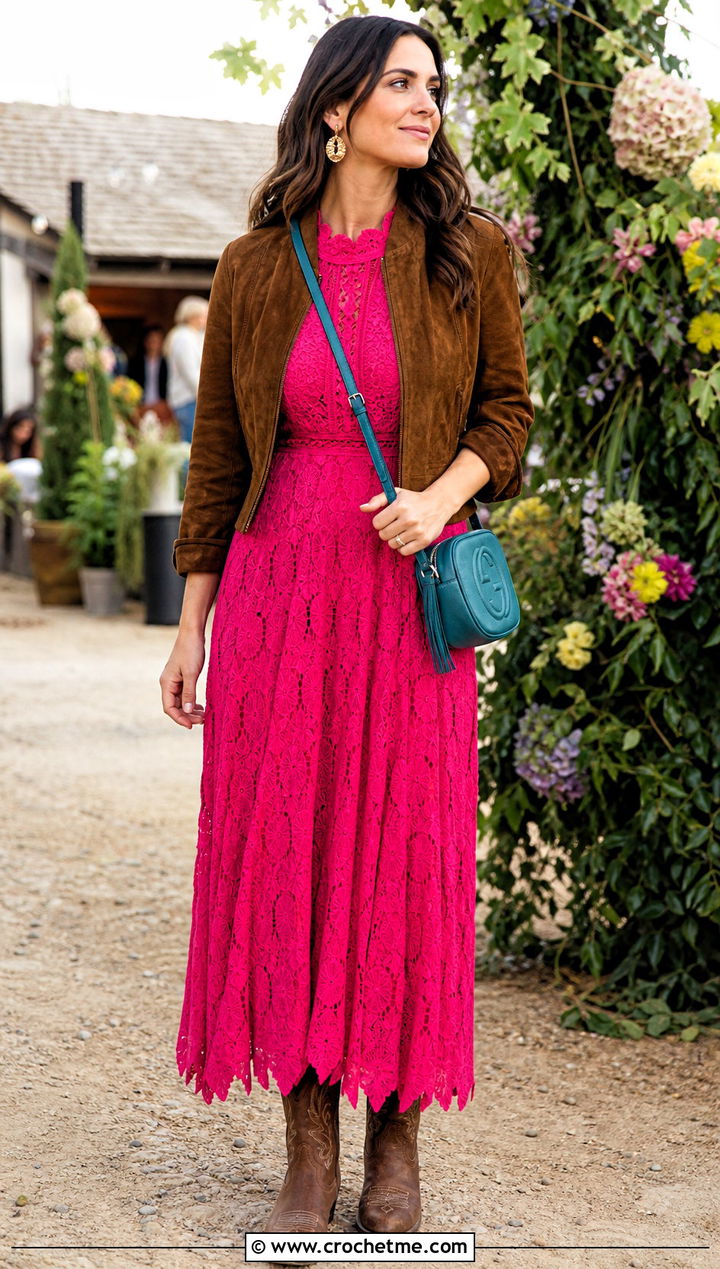 Pleated Crochet Floral Maxi Dress With Suede Jacket And Western Boots - 15 Self Portrait Pleated Crochet Floral Maxi Dress outfit ideas