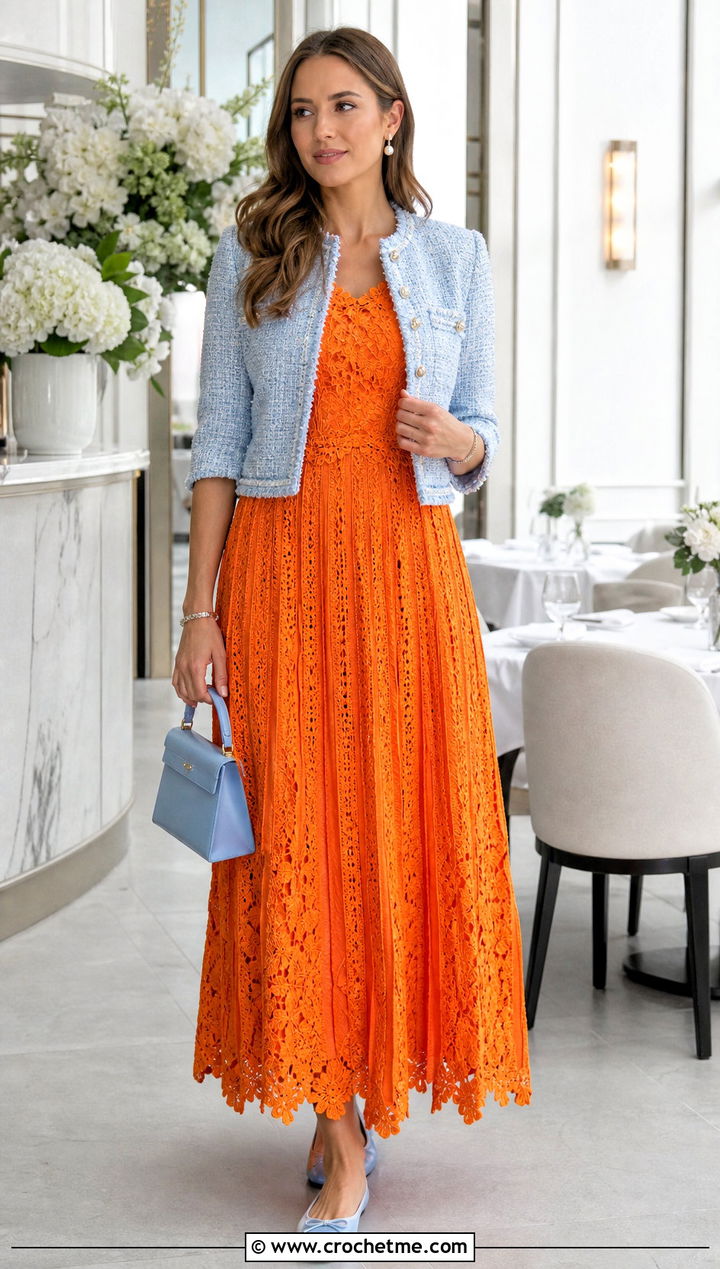 Pleated Crochet Floral Maxi Dress With Tweed Jacket And Ballet Flats - 15 Self Portrait Pleated Crochet Floral Maxi Dress outfit ideas