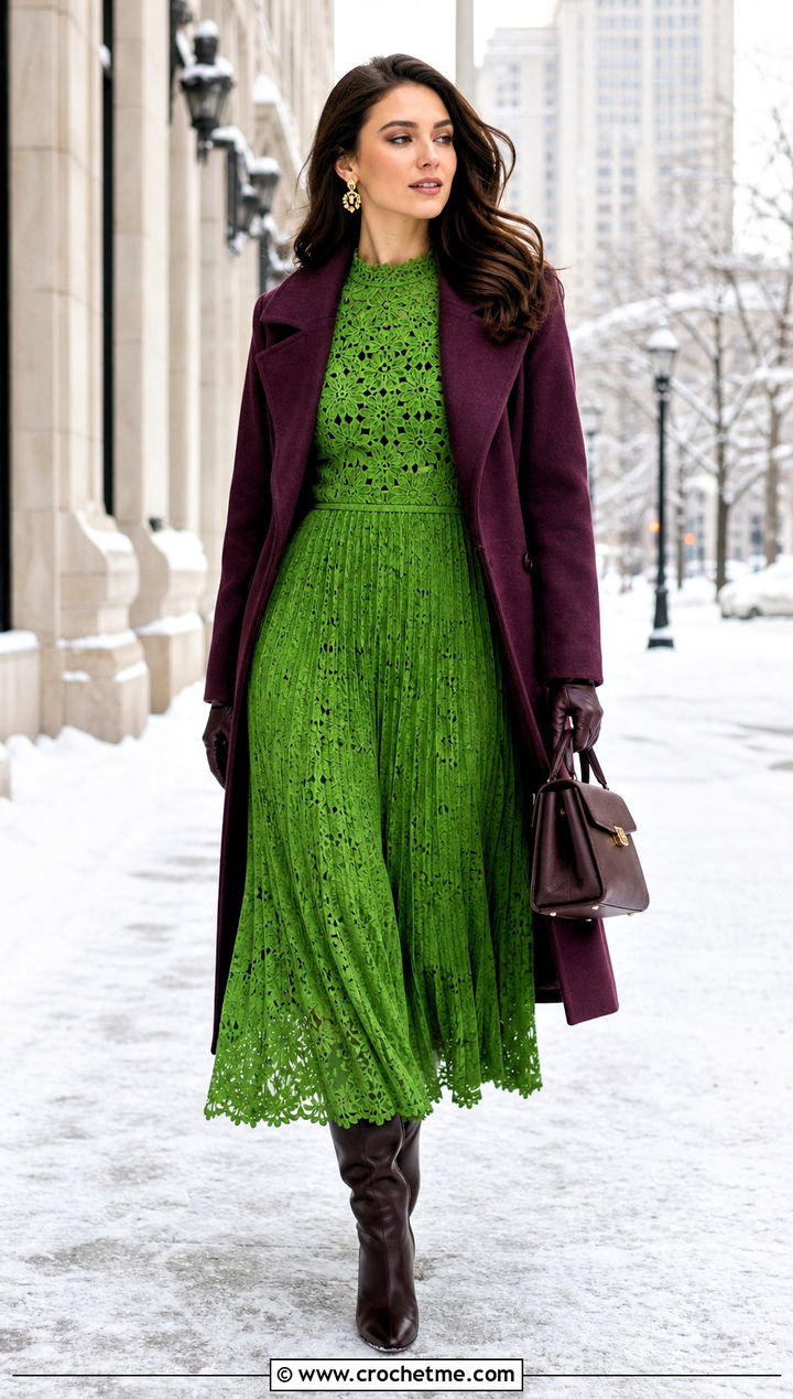 Pleated Crochet Floral Maxi Dress With Wool Coat And Knee Boots - 15 Self Portrait Pleated Crochet Floral Maxi Dress outfit ideas