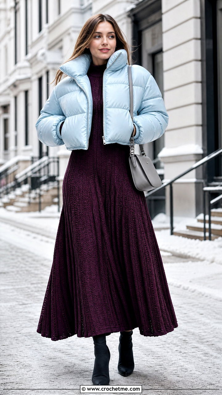 Pleated Crochet Gown With Cropped Puffer - 35 crochet gown outfit ideas