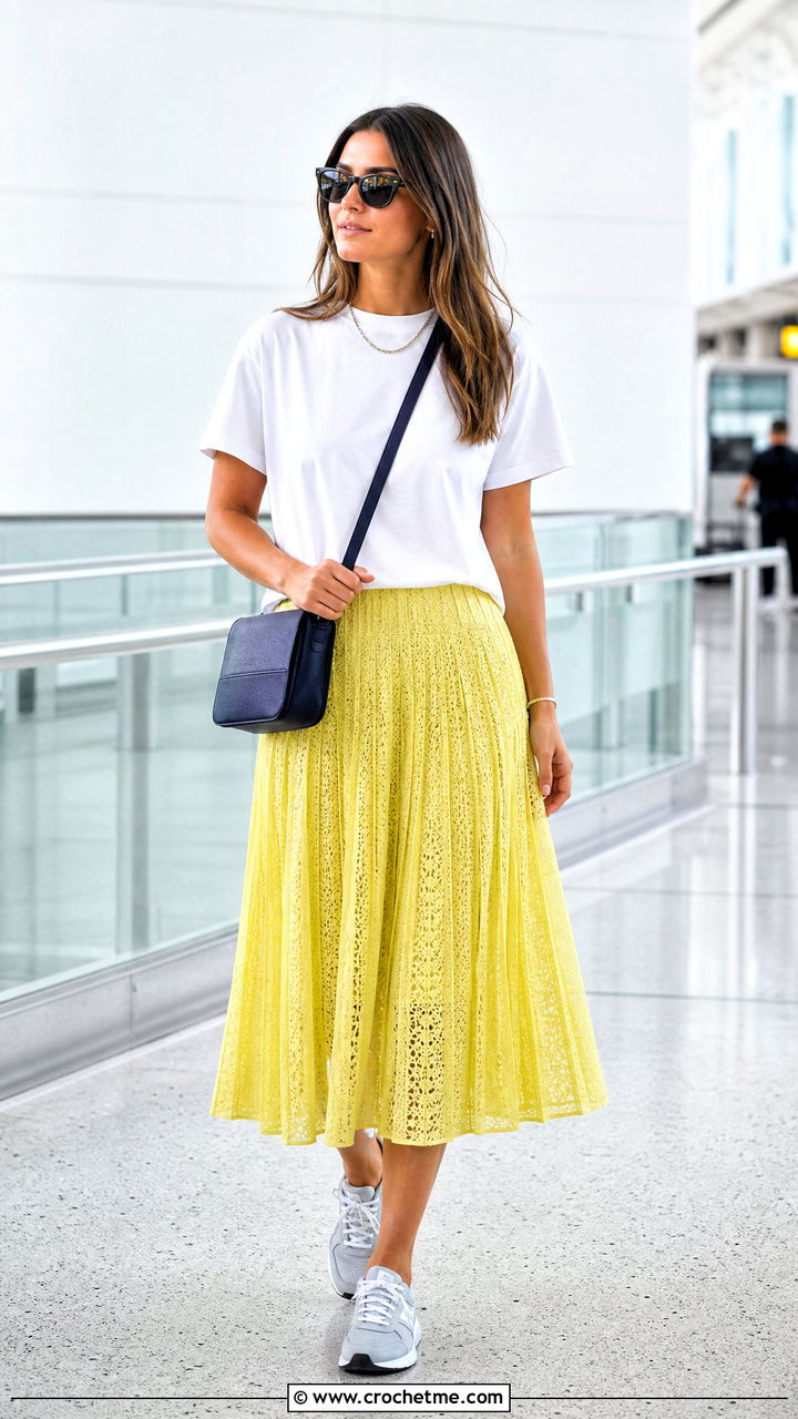 Pleated Crochet Lace Skirt With Boxy T Shirt - 35 crochet lace skirt outfit ideas