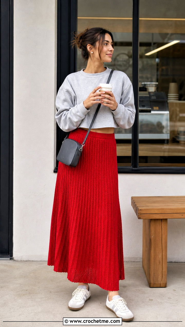 Pleated Crochet Maxi Skirt With Crewneck Sweatshirt - 30 crocheted maxi skirt outfit ideas