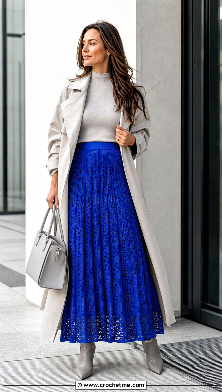Pleated Crochet Maxi Skirt With Trench Coat - 35 long crochet skirt outfit ideas