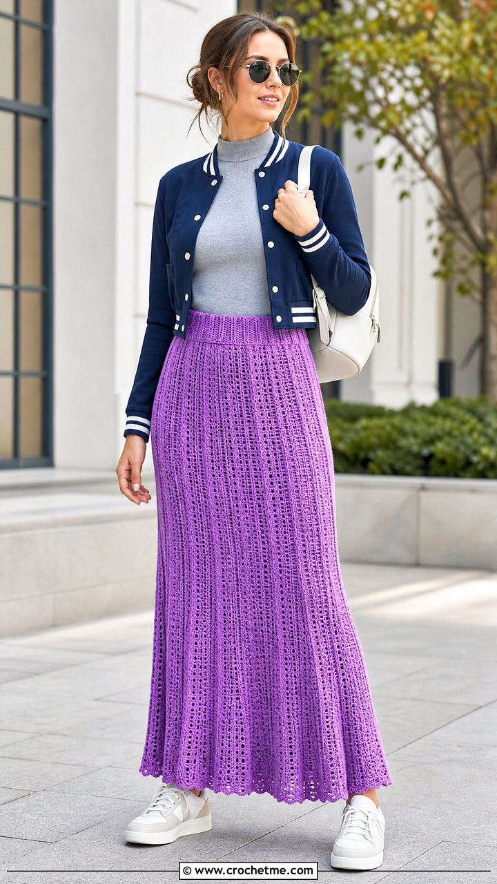 Pleated Crochet Maxi Skirt With Varsity Jacket - 35 crochet maxi skirt outfit ideas