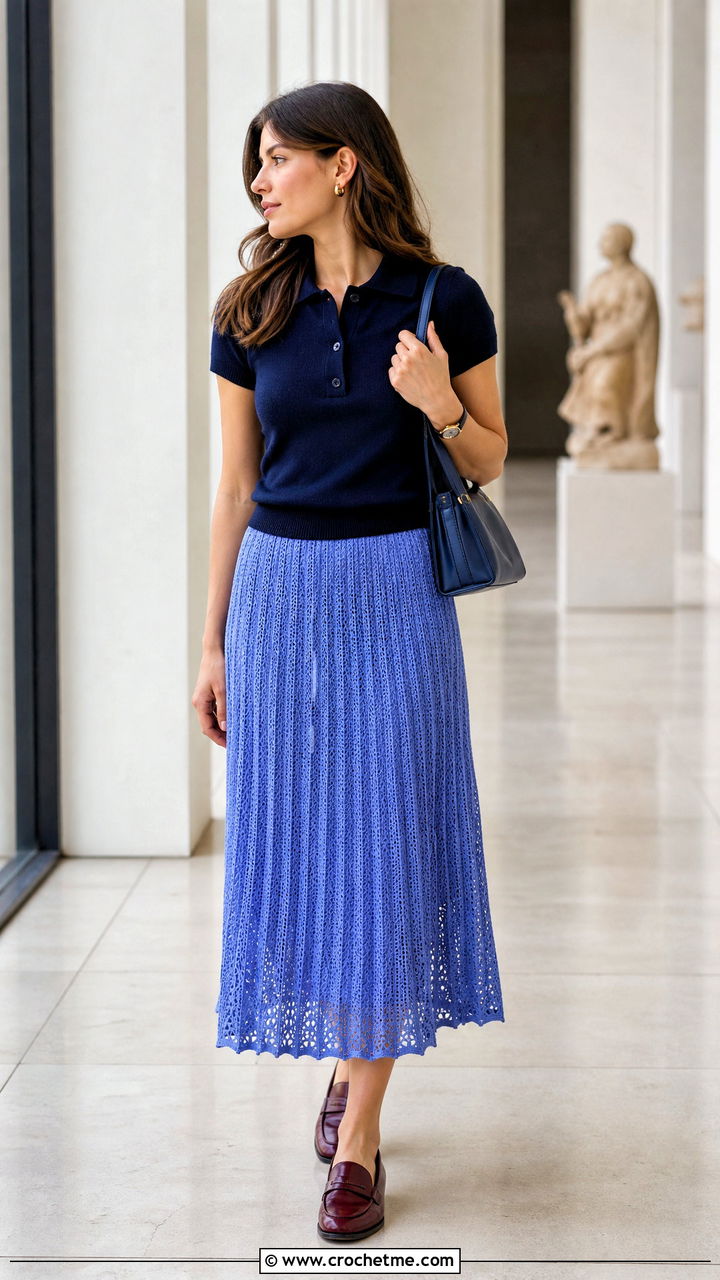 Pleated Crochet Mesh Skirt With Knit Polo - 35 crochet mesh skirt outfit ideas