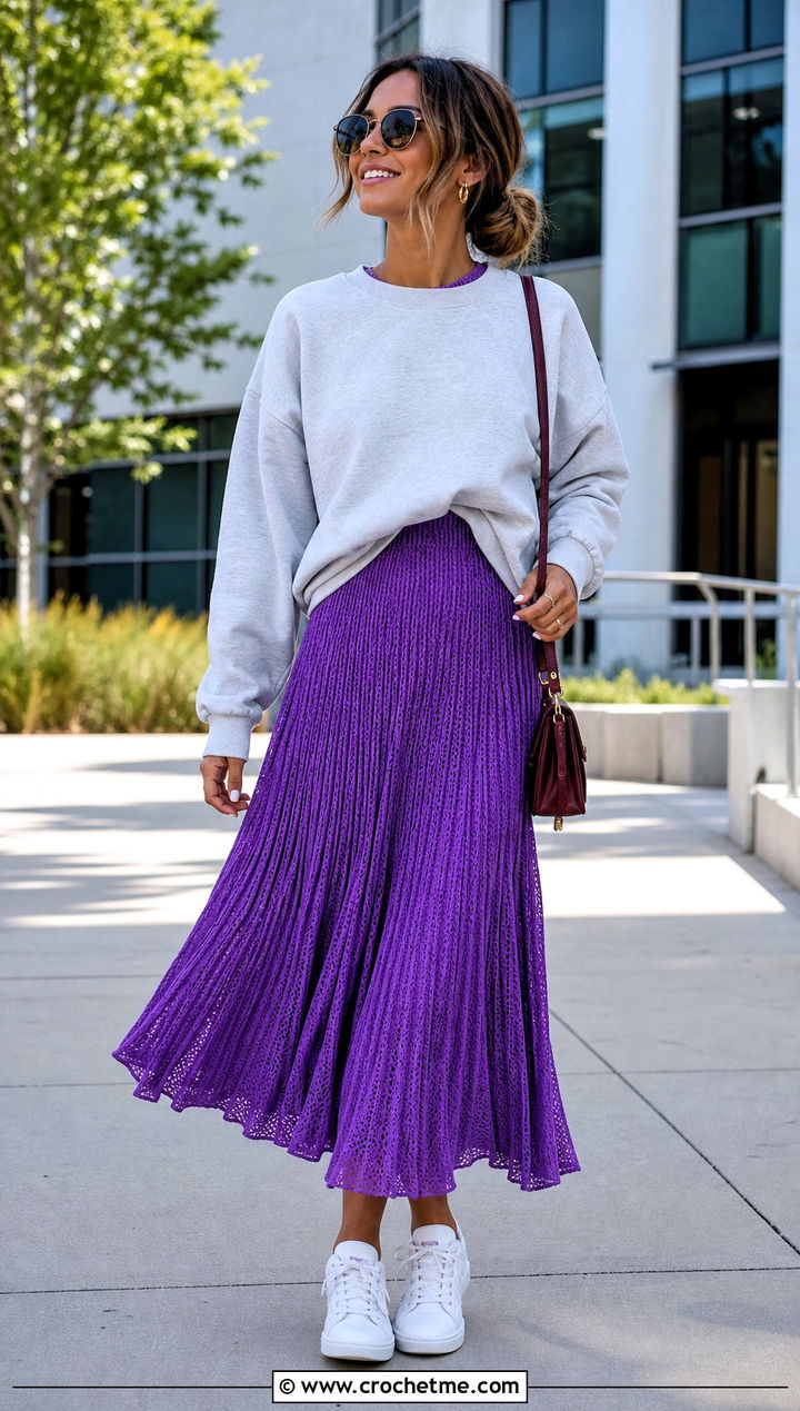 Pleated Crochet Midi Skirt Set With Crewneck Sweatshirt - 35 Crochet Skirts Set Outfit ideas