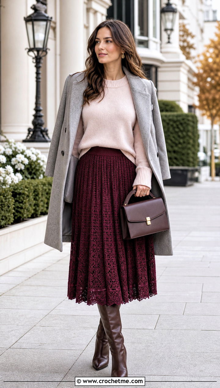Pleated Crochet Midi Skirt With Cashmere Sweater - 25 Boho Crochet Skirt outfit ideas