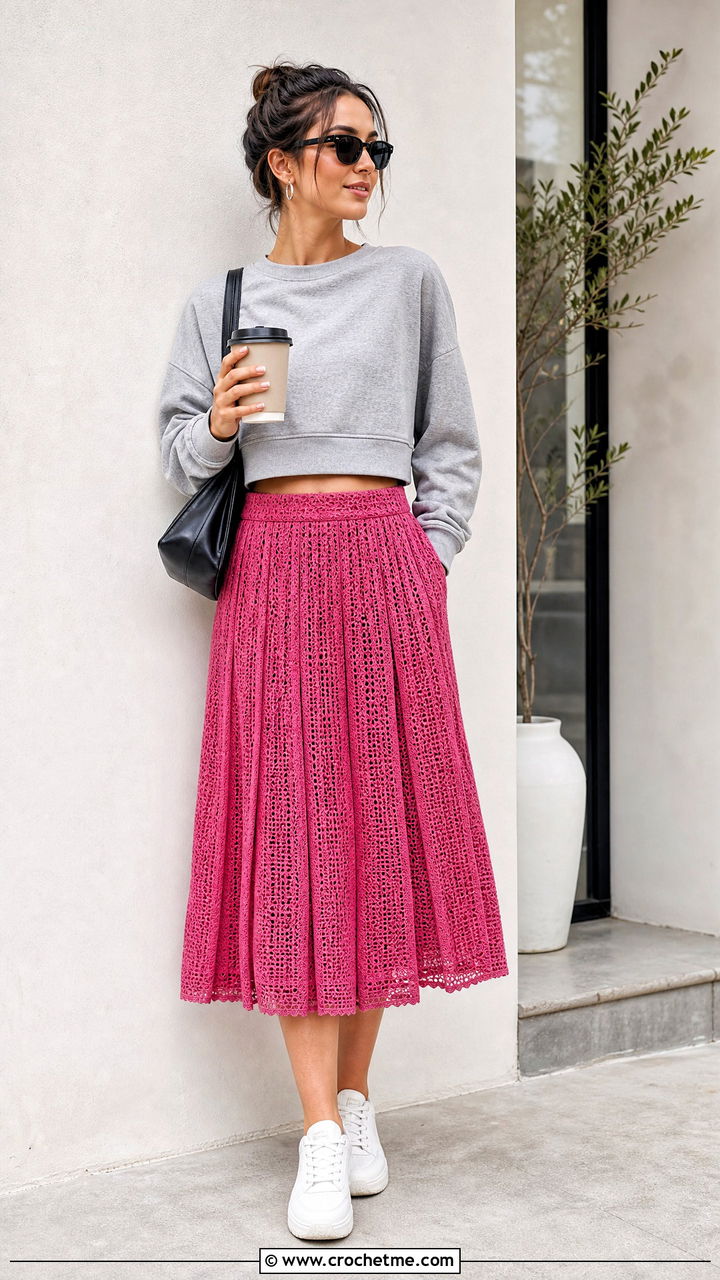Pleated Crochet Midi Skirt With Crew Neck Sweatshirt - 35 crochet midi skirt outfit ideas