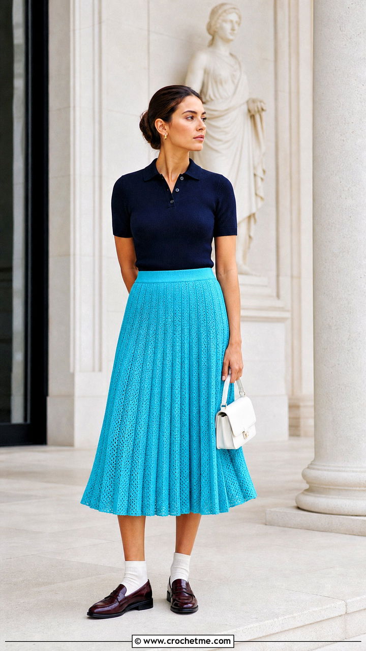 Pleated Crochet Midi Skirt With Polo Knit - 35 crochet skirts outfit ideas