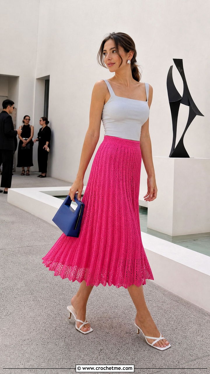 Pleated Crochet Midi Skirt With Square Neck Tank - 35 crochet summer skirt outfit ideas