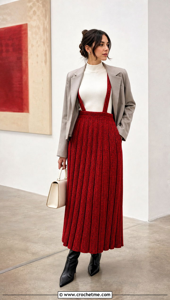 Pleated Crochet Suspender Skirt With Cropped Blazer - 25 crochet skirt with suspenders outfit ideas
