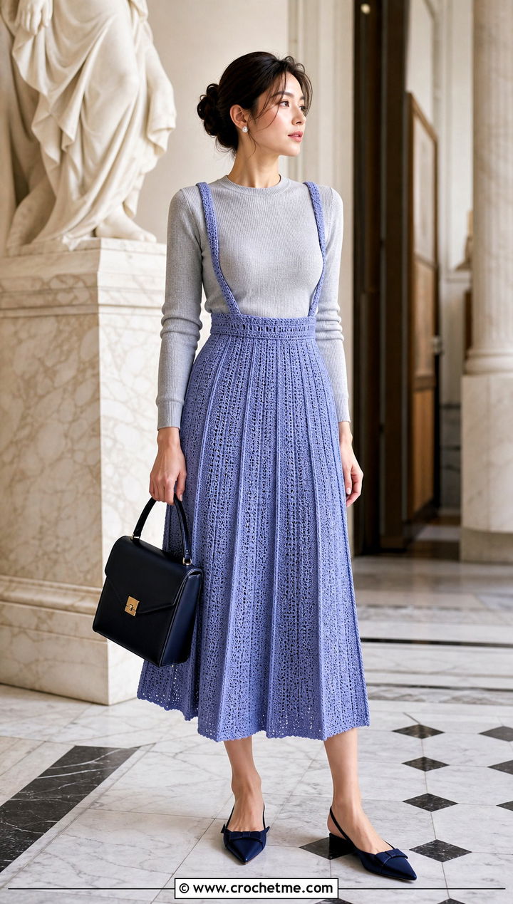 Pleated Crochet Suspender Skirt With Fine Knit Sweater - 25 crochet suspender skirt outfit ideas