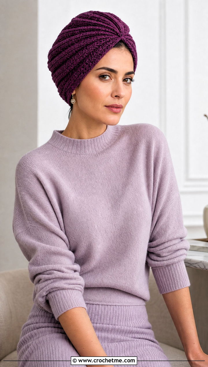 Pleated Crochet Turban Hat With Matching Knit Set - 35 crochet turban hat outfit ideas