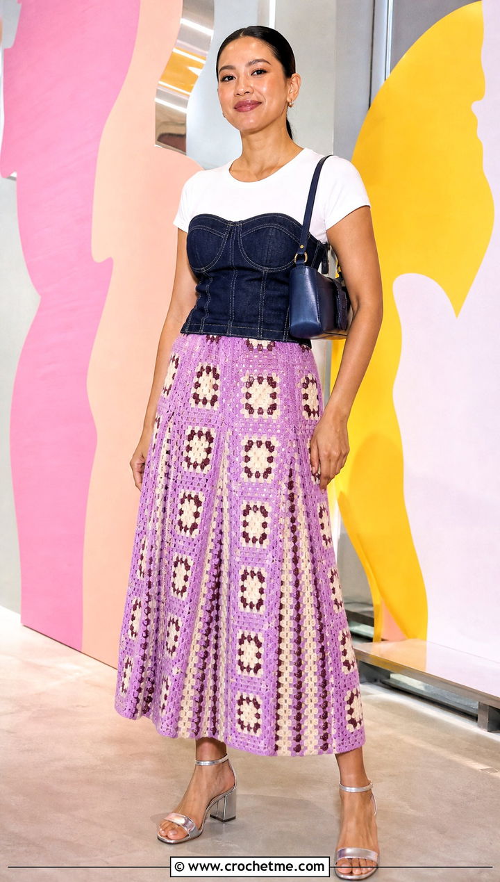 Pleated Effect Granny Square Midi Skirt With Denim Bustier Top - 30 granny square crochet skirt outfit ideas