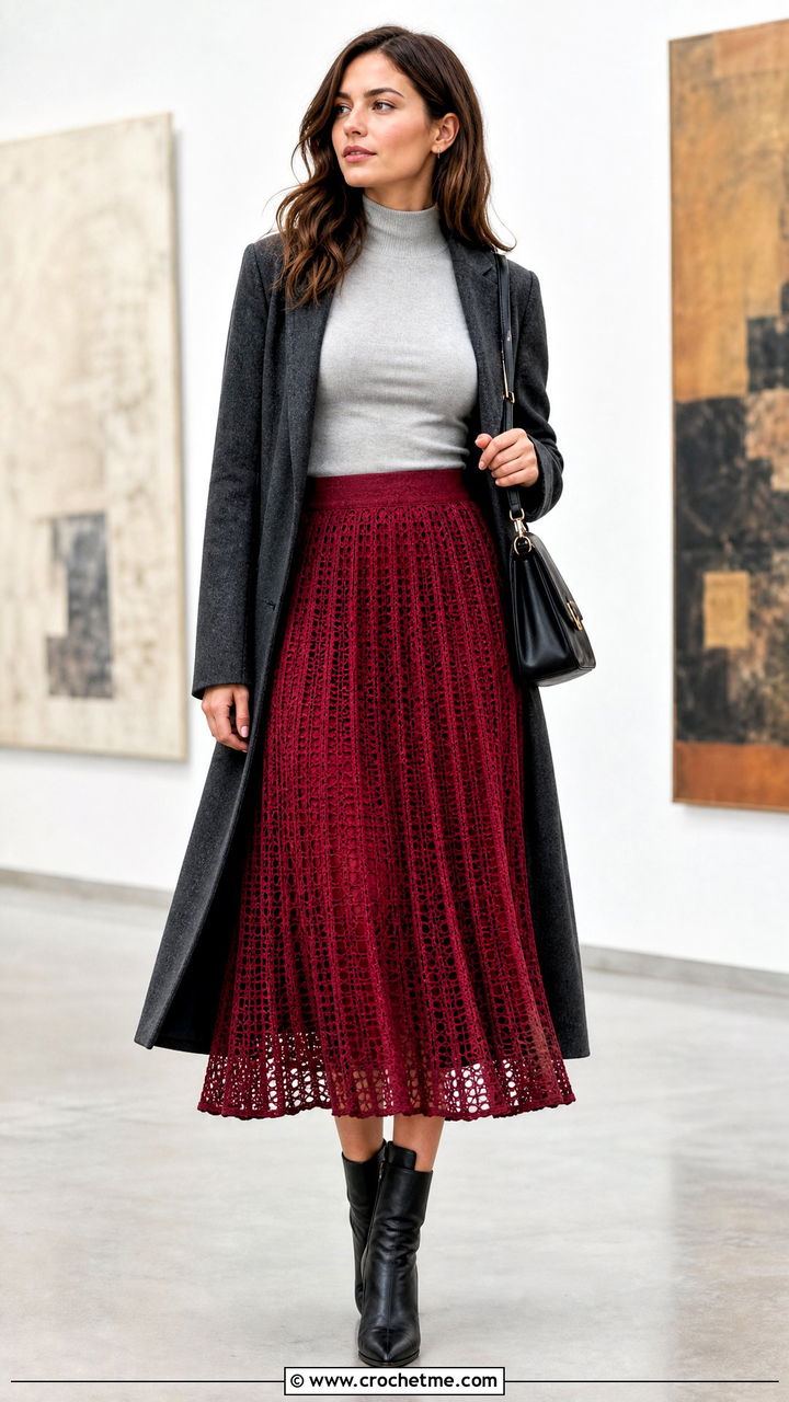 Pleated Filet Crochet Midi Skirt With Mock Neck Top - 35 Filet Crochet Skirt outfit ideas