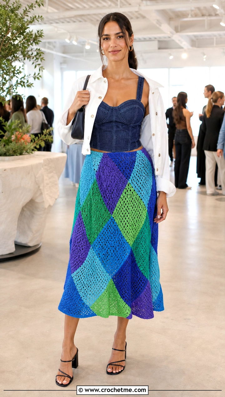 Pleated Look Crochet Patchwork Midi Skirt With Denim Corset Top - 30 crochet patchwork skirt outfit ideas