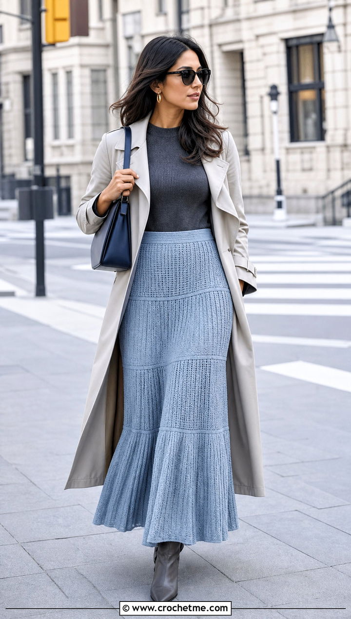 Pleated Look Crochet Tiered Maxi Skirt With Trench Coat - 35 crochet tiered skirt outfit ideas