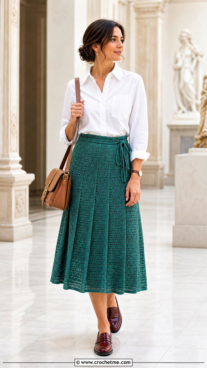 Pleated Look Crochet Wrap Skirt With Oxford Shirt - 35 crochet wrap skirt outfit ideas