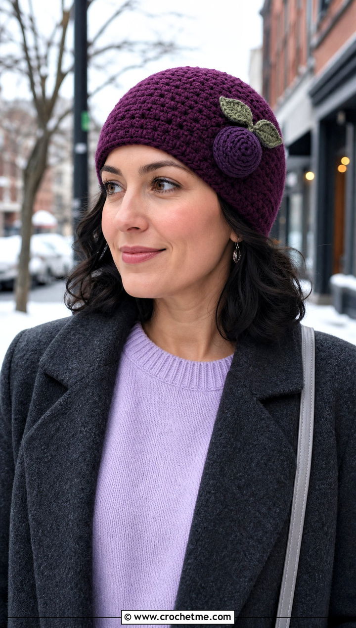 Plum Crochet Beanie With Gray Wool Coat - 30 crochet fruit beanie outfit ideas