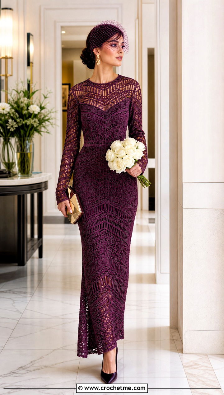 Plum Geometric Openwork Long Sleeve Crochet Wedding Dress With Black Pumps - 15 long sleeve crochet wedding dress outfit ideas