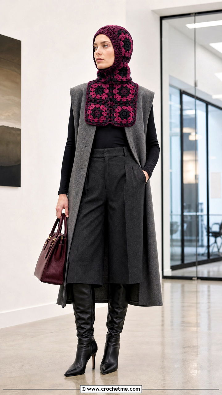 Plum Granny Square Balaclava With Longline Vest - 35 granny square balaclava outfit ideas