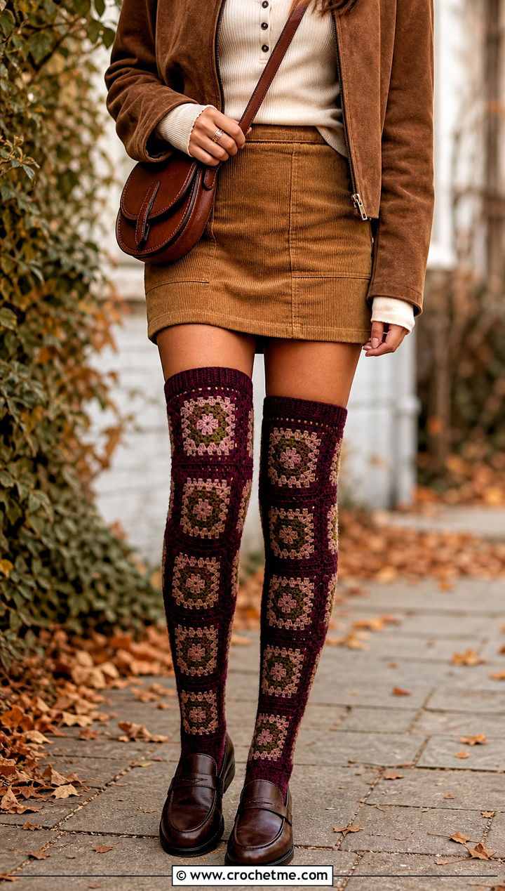 Plum Granny Square Thigh High Socks With Corduroy Skirt - 25 granny square thigh high socks outfit ideas