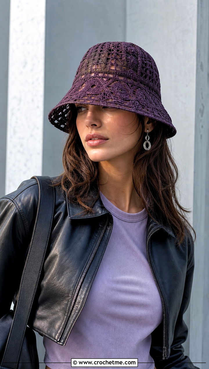Plum Lace Mesh Bucket Hat With Leather Jacket - 30 crochet mesh bucket hat outfit ideas