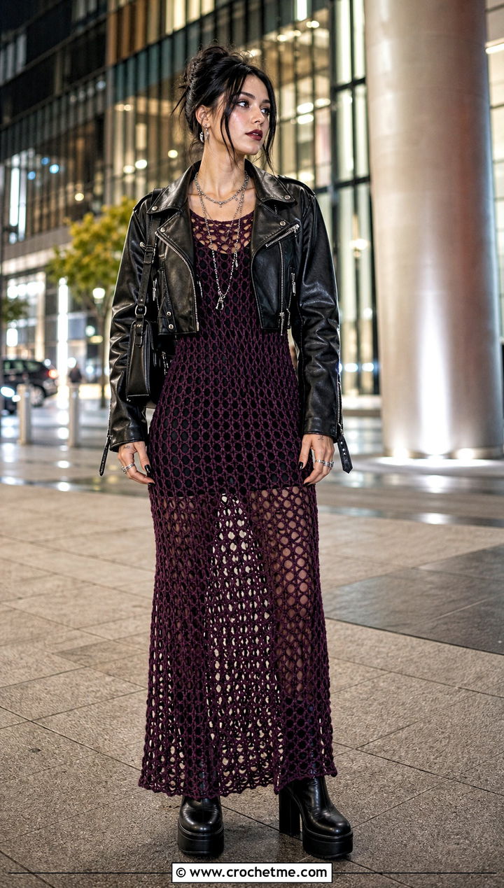Plum Mesh Crochet Maxi Dress With Leather Jacket - 15 goth crochet dress outfit ideas