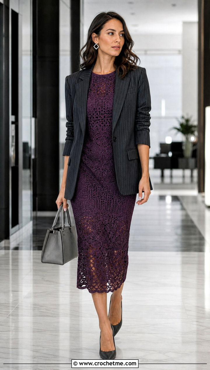 Plum Noir Crochet Midi Dress With Pinstripe Blazer - 35 purple crochet dress outfit ideas