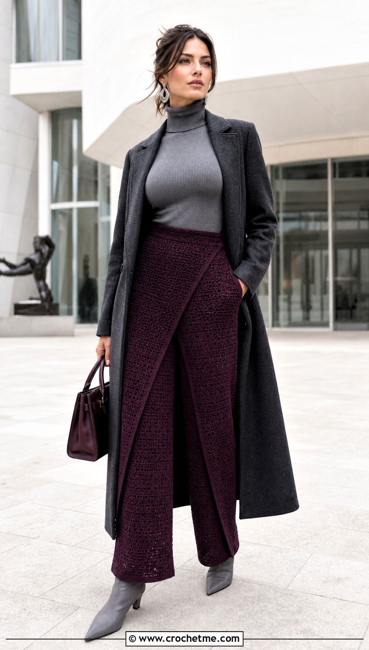 Plum Noir High Waisted Crochet Wrap Pants With Turtleneck - 15 crochet wrap around pants outfit ideas