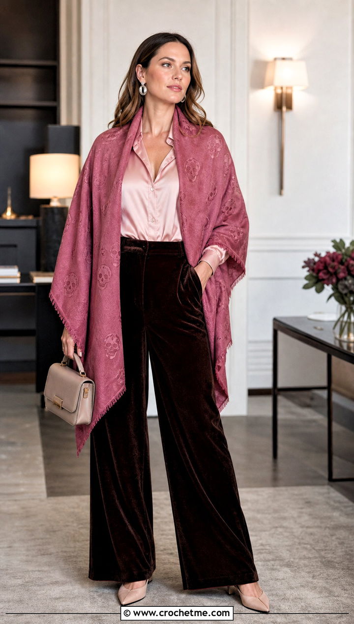 Plum Noir Lost Souls Shawl With Velvet Pants - 35 crochet lost souls shawl outfit ideas
