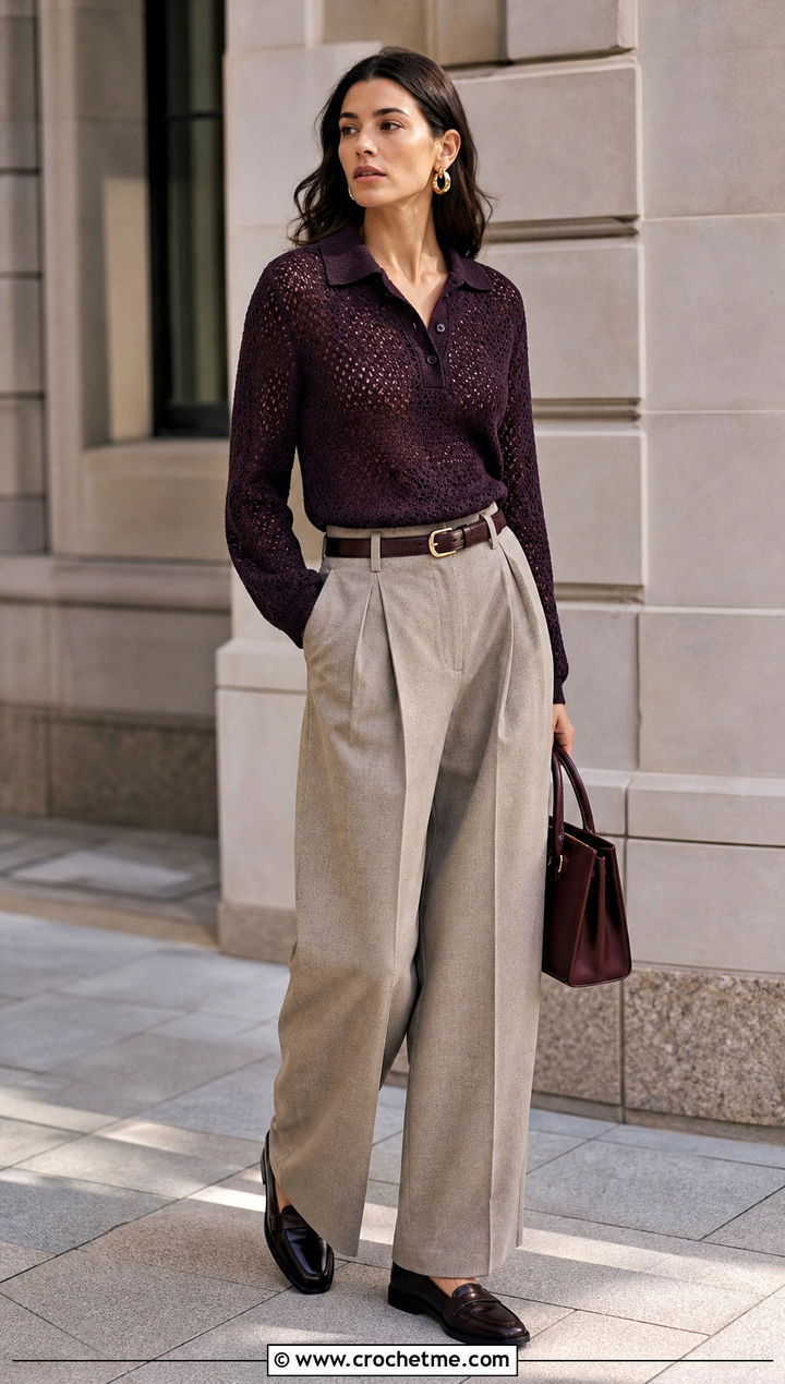 Plum Noir Polo Crochet Sweater With Pleated Trousers - 35 crochet light sweater outfit ideas