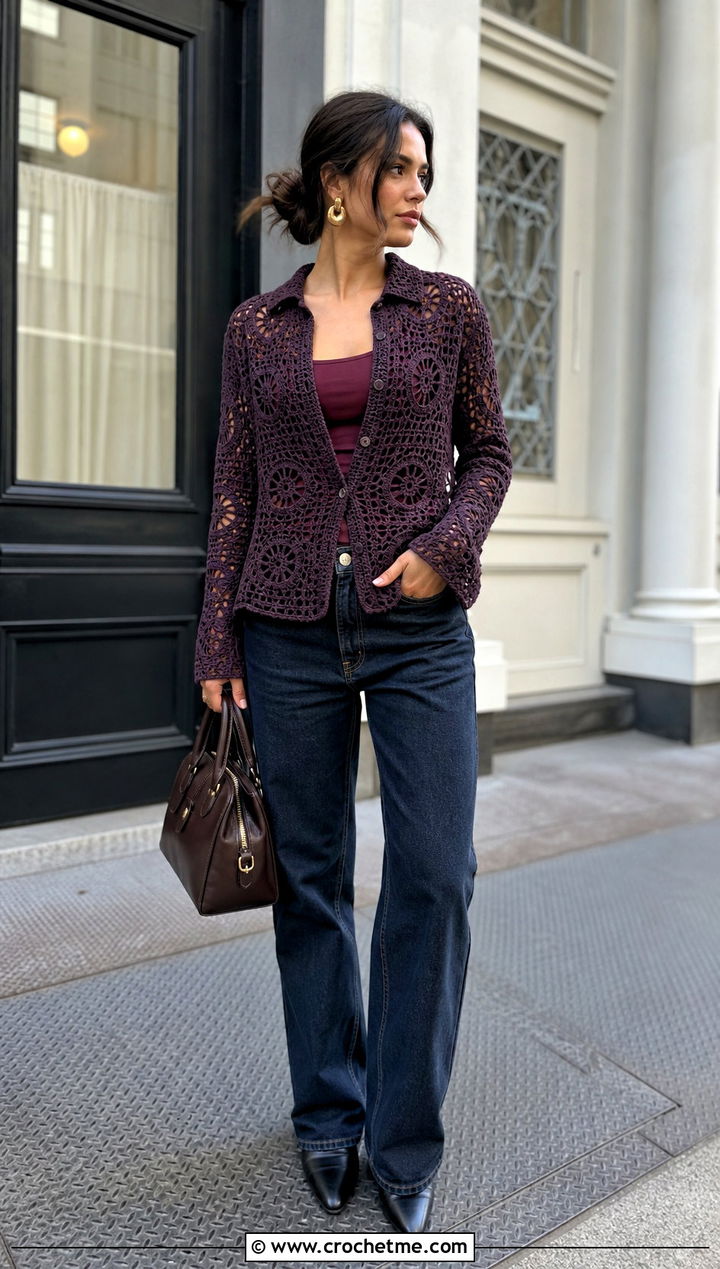 Plum Noir Textured Stussy Crochet Shirt With Dark Wash Jeans - 15 stussy crochet shirt outfit ideas