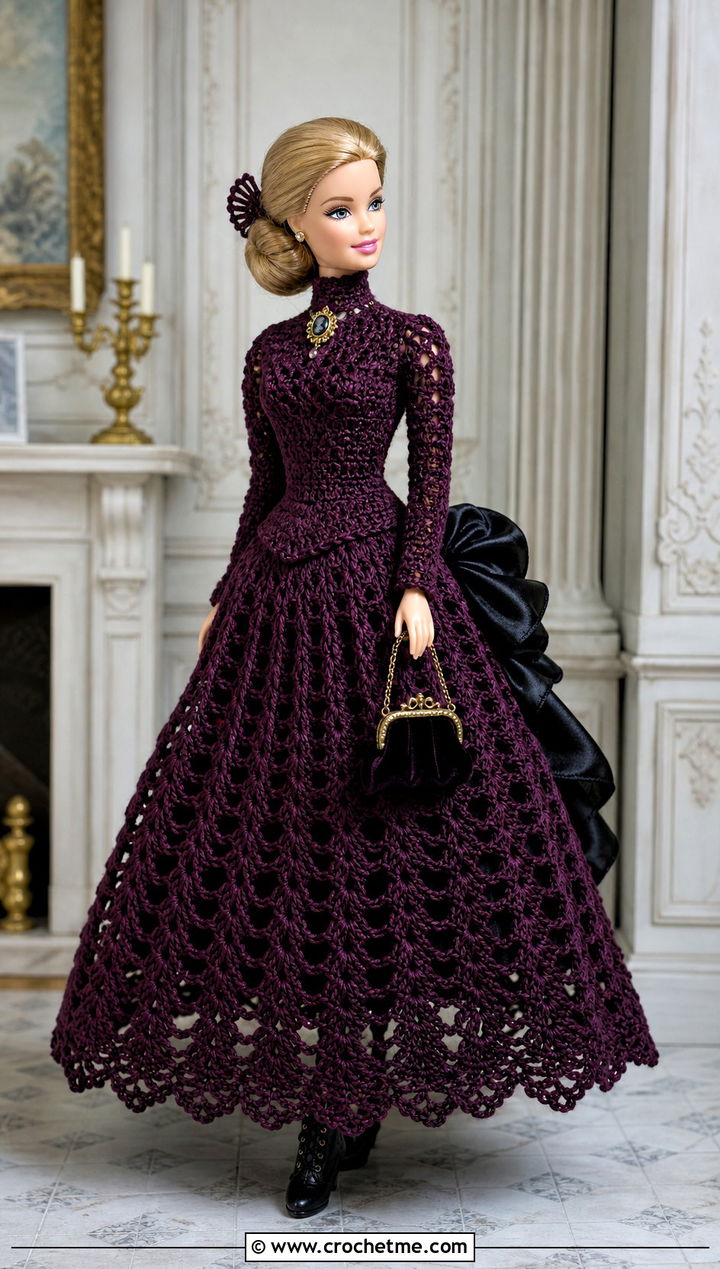 Plum Noir Victorian Crochet Barbie Ball Gown - 30 crochet barbie ball gowns outfit ideas